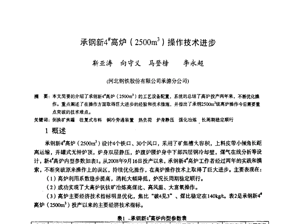 承钢新4#高炉(2500m3)操作技术进步 - 第十一届全国大高炉炼铁学术年会