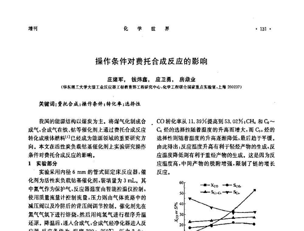 操作条件对费托合成反应的影响 - 上海市化学化工学会2010年度学术年会