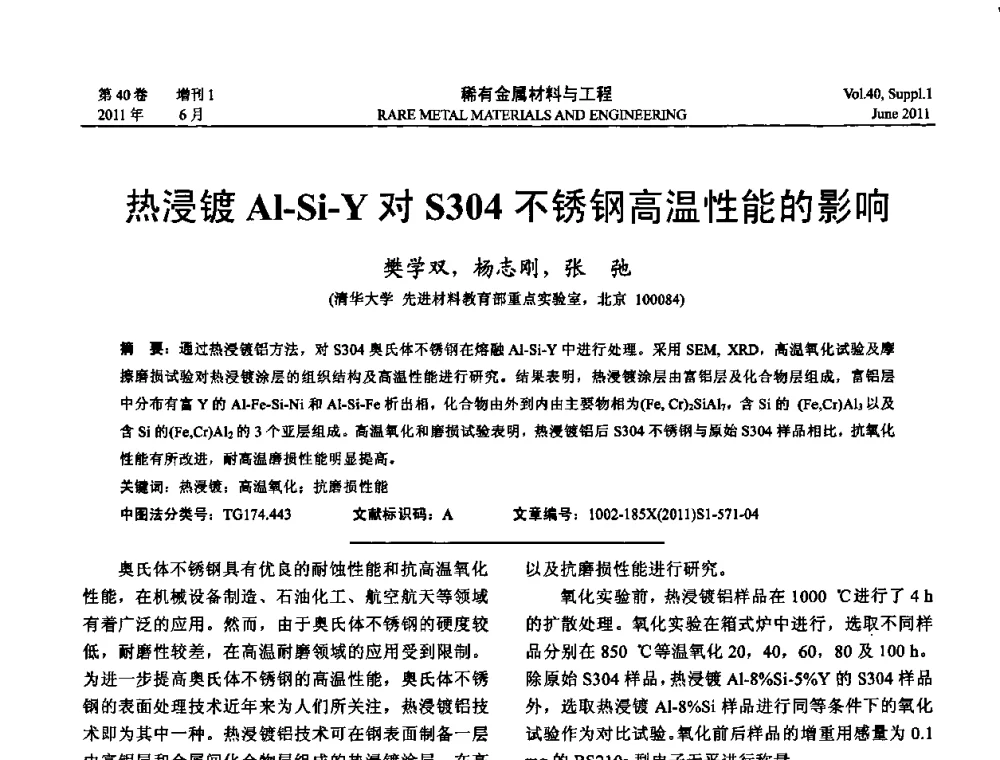 热浸镀Al-Si-Y对S304不锈钢高温性能的影响 - 第十六届全国高技术陶瓷学术年会暨景德镇高技术陶瓷高层论坛