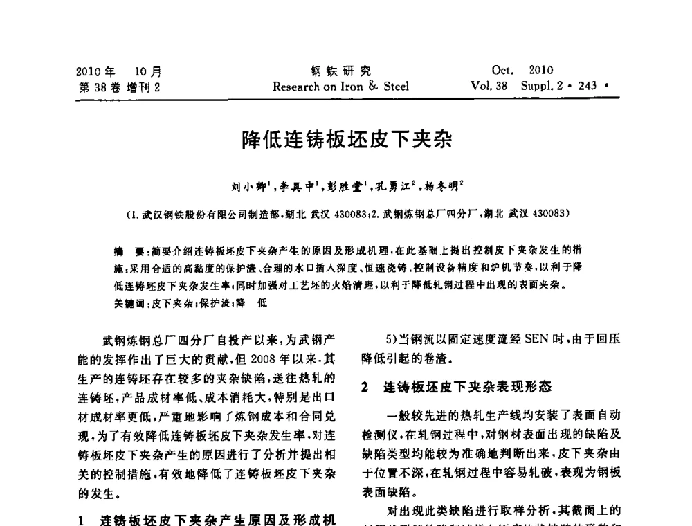 降低连铸板坯皮下夹杂 - 2010年中南·泛珠三角炼钢连铸学术交流会
