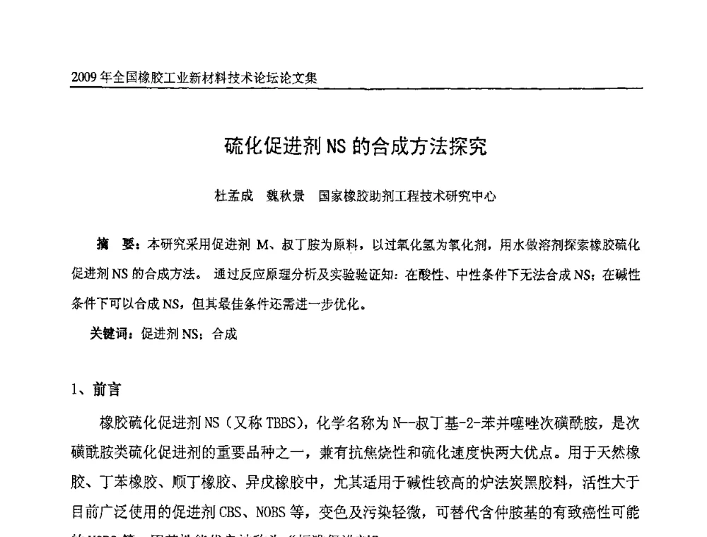 硫化促进剂NS的合成方法探究 - 第八届全国橡胶工业新材料技术论坛暨2009年橡胶助剂专业委员会会员大会