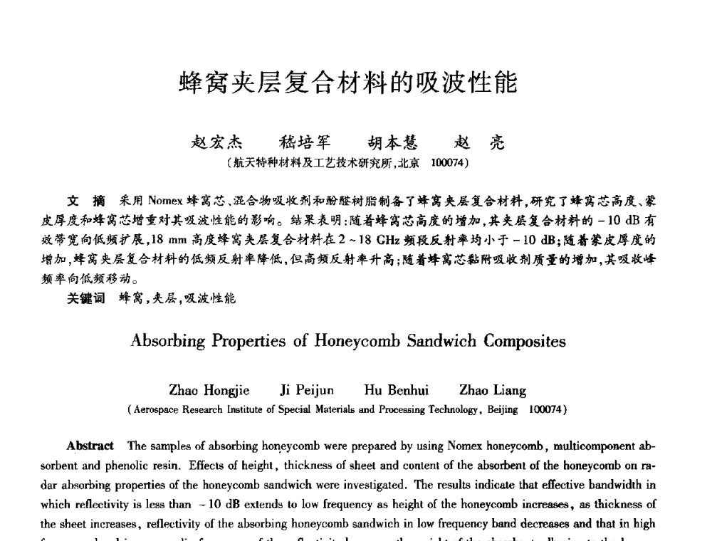 蜂窝夹层复合材料的吸波性能 - 第十届全国先进功能复合材料技术学术交流会
