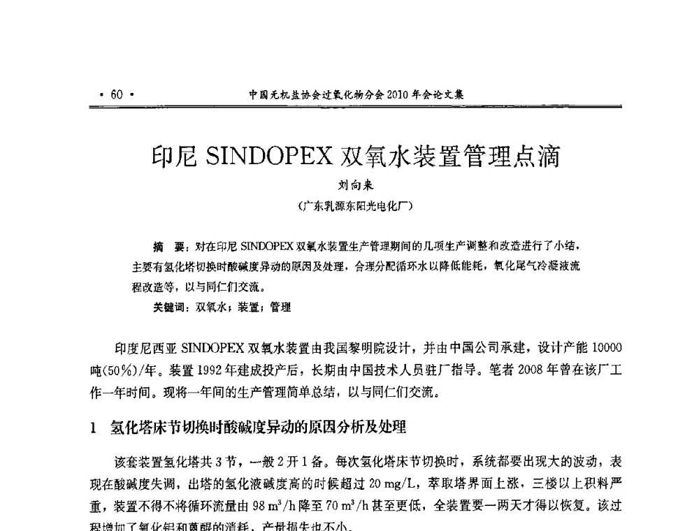 印尼SINDOPEX双氧水装置管理点滴 - 中国无机盐工业协会过氧化物分会2010行业年会