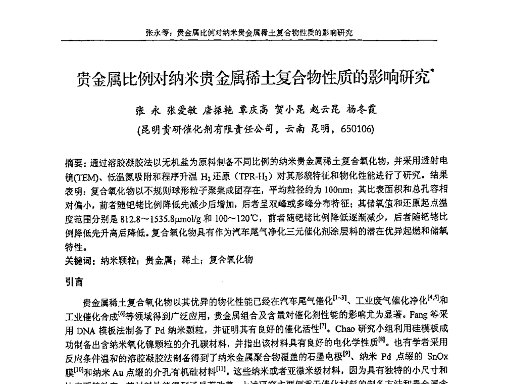 贵金属比例对纳米贵金属稀土复合物性质的影响研究 - 第十五届全国稀土催化学术会议