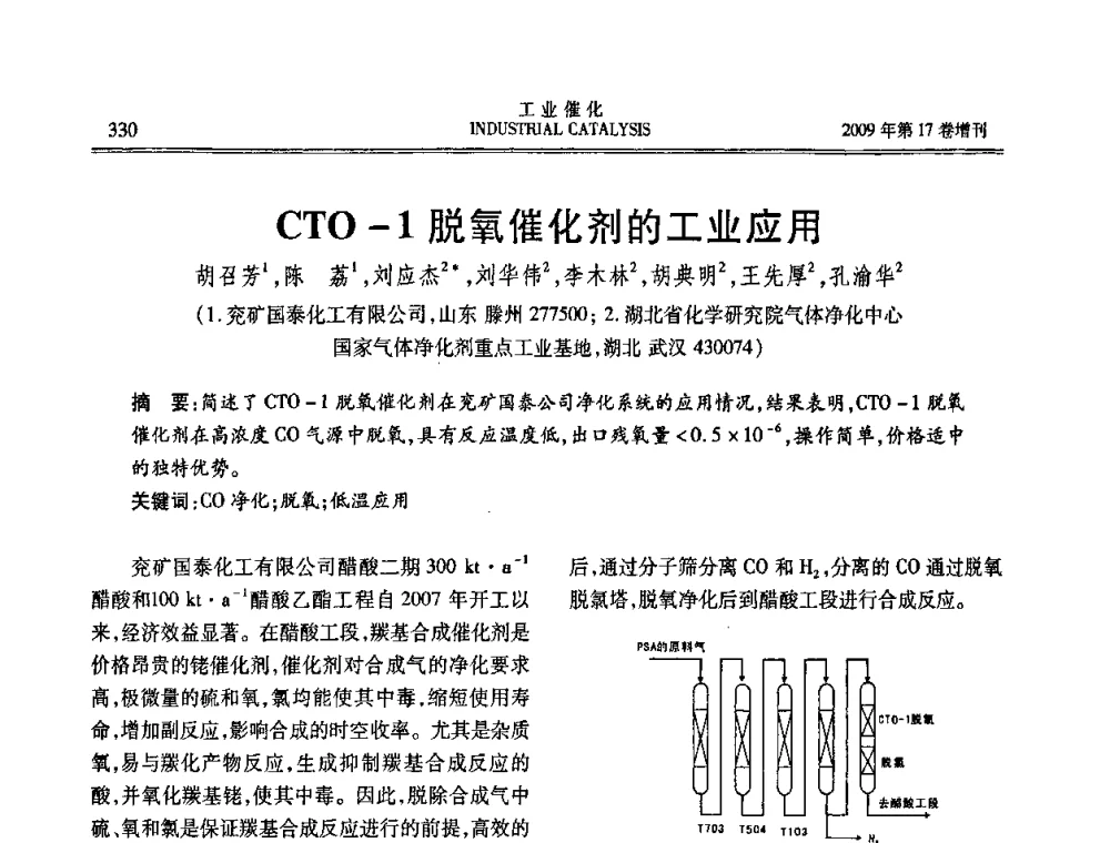 CTO-1脱氧催化剂的工业应用 - 第六届全国工业催化技术及应用年会