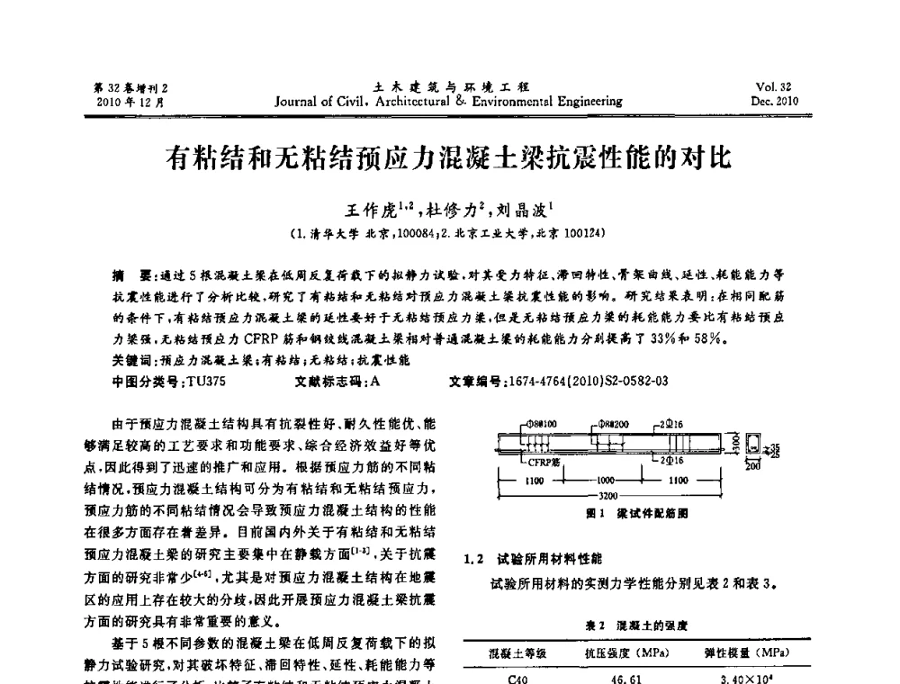 有粘结和无粘结预应力混凝土梁抗震性能的对比 - 第八届全国地震工程会议