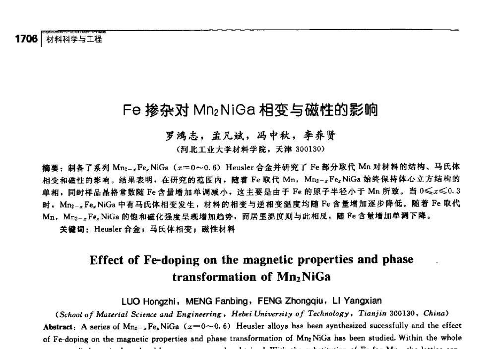 Fe掺杂对Mn2NiGa相变与磁性的影响 - 中国工程院化工、冶金与材料工学部第七届学术会议
