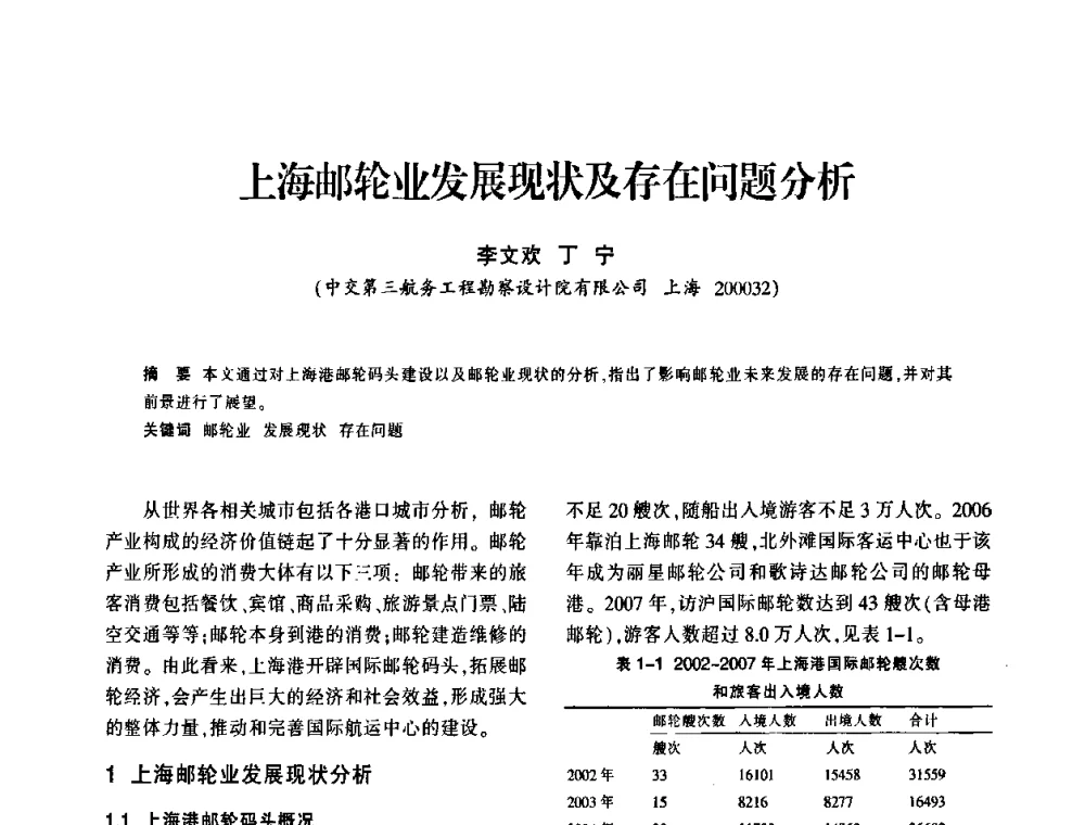 上海邮轮业发展现状及存在问题分析 - 上海市水利学会2009年学术年会