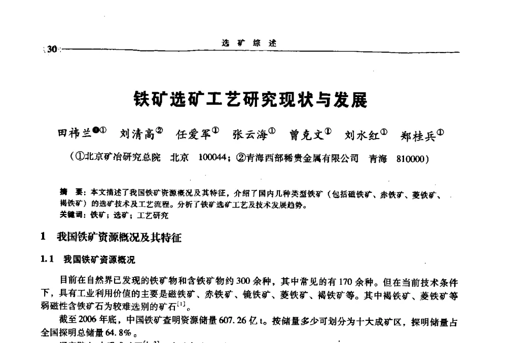 铁矿选矿工艺研究现状与发展 - 2009年全国选矿学术会议