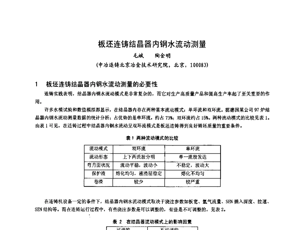 板坯连铸结晶器内钢水流动测量 - 2009连铸自动化技术研讨会暨转炉干式除尘技术研讨会