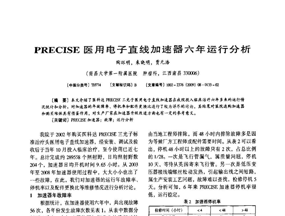 PRECISE医用电子直线加速器六年运行分析 - 第八届全国医用加速器会议