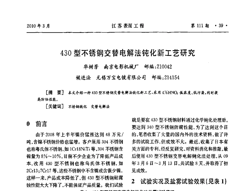 430型不锈钢交替电解法钝化新工艺研究 - 江苏省机械工业联合会表面工程分会第二次会员代表大会