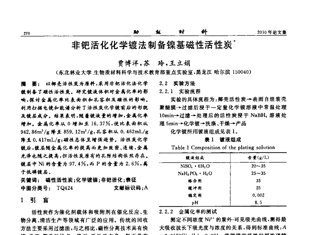 非钯活化化学镀法制备镍基磁性活性炭 - 第七届中国功能材料及其应用学术会议