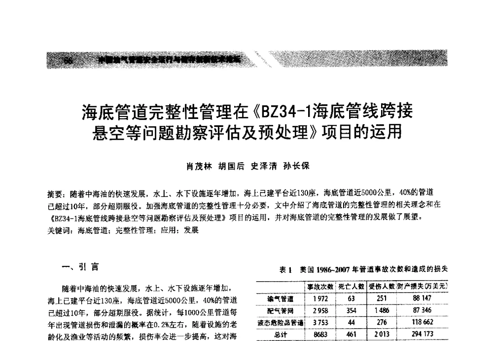 海底管道完整性管理在《BZ34-1海底管线跨接悬空等问题勘察评估及预处理》项目的运用 - 中国油气管道安全运行与储存创新技术论坛