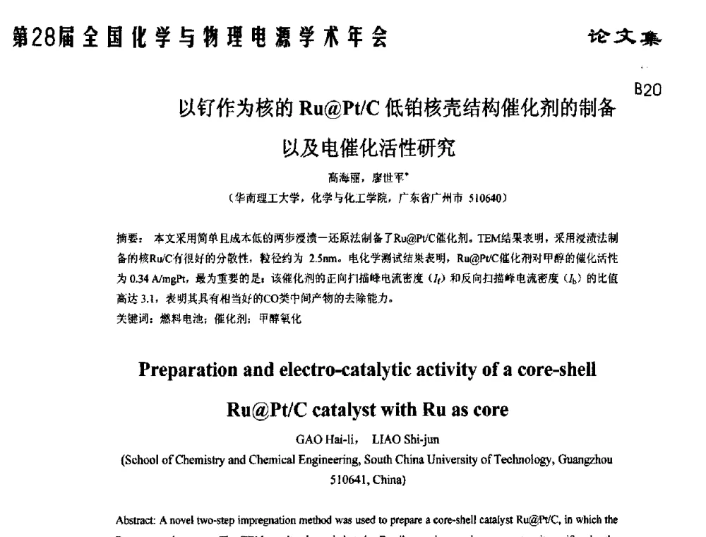 以钌作为核的Ru@Pt_C低铂核壳结构催化剂的制备以及电催化活性研究 - 第28届全国化学与物理电源学术年会
