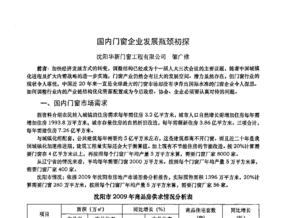 国内门窗企业发展瓶颈初探 - 2010年全国塑料门窗行业年会