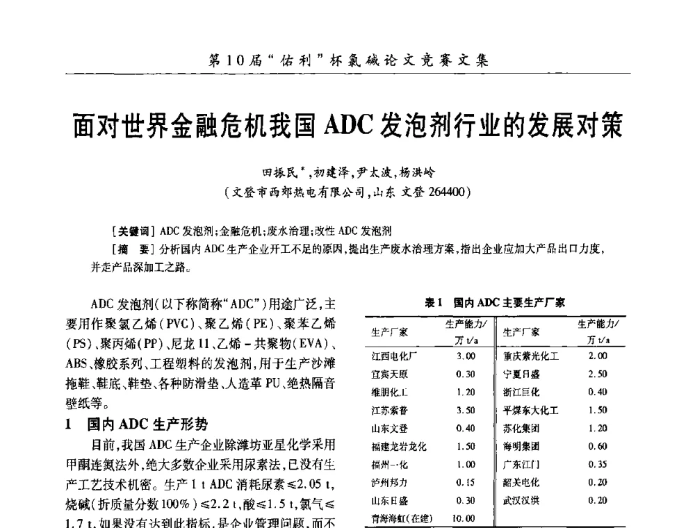 面对世界金融危机我国ADC发泡剂行业的发展对策 - 第27届全国氯碱行业技术年会暨第10届“佑利杯”论文交流会