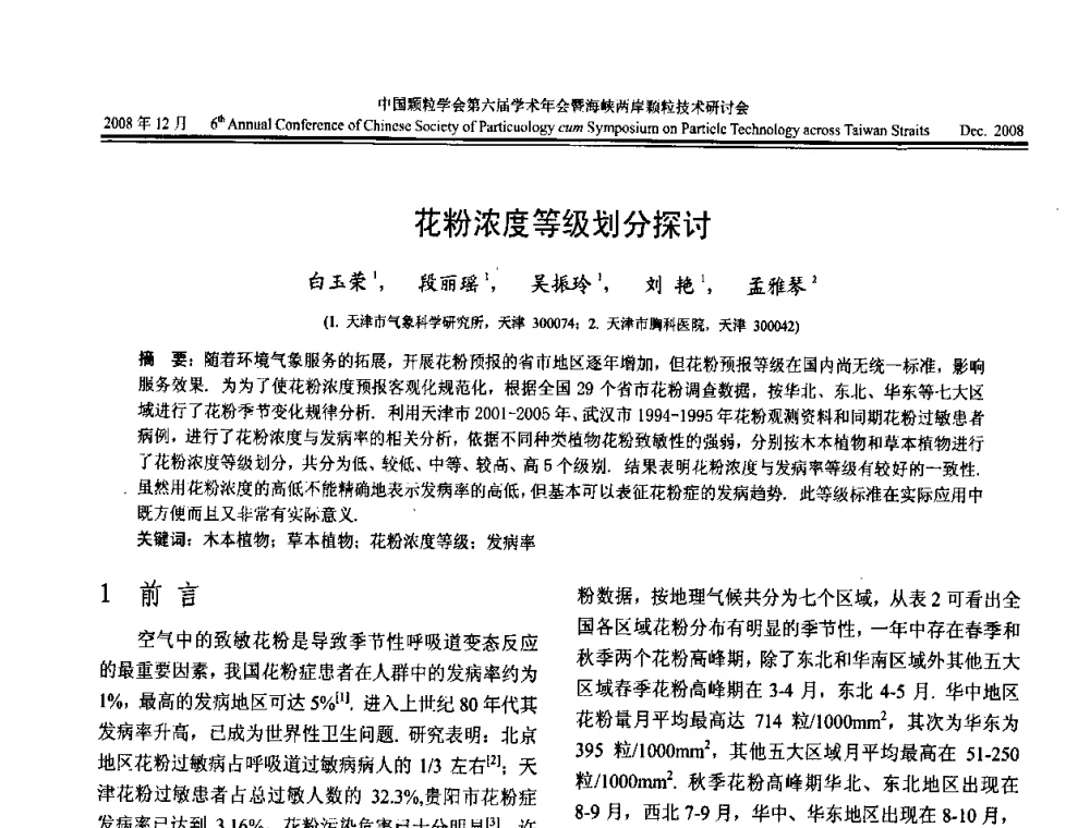 花粉浓度等级划分探讨 - 中国颗粒学会第六届学术年会暨海峡两岸颗粒技术研讨会