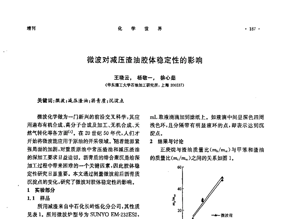 微波对减压渣油胶体稳定性的影响 - 上海市化学化工学会2008年度学术年会