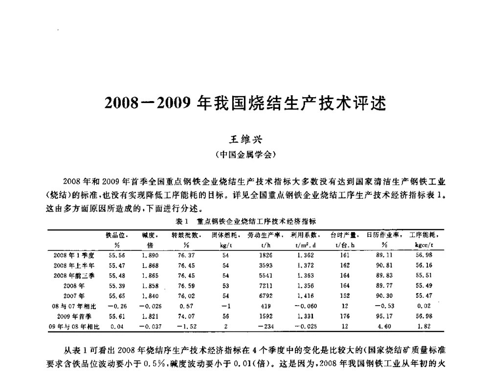 2008-2009年我国烧结生产技术评述 - 第十一届全国炼铁原料学术会议