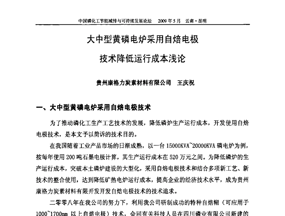 大中型黄磷电炉采用自焙电极技术降低运行成本浅论 - 中国磷化工节能减排与可持续发展论坛