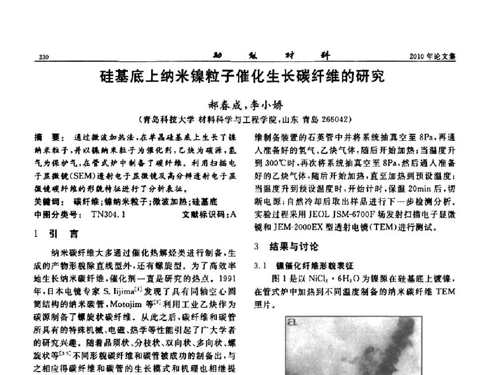 硅基底上纳米镍粒子催化生长碳纤维的研究 - 第七届中国功能材料及其应用学术会议