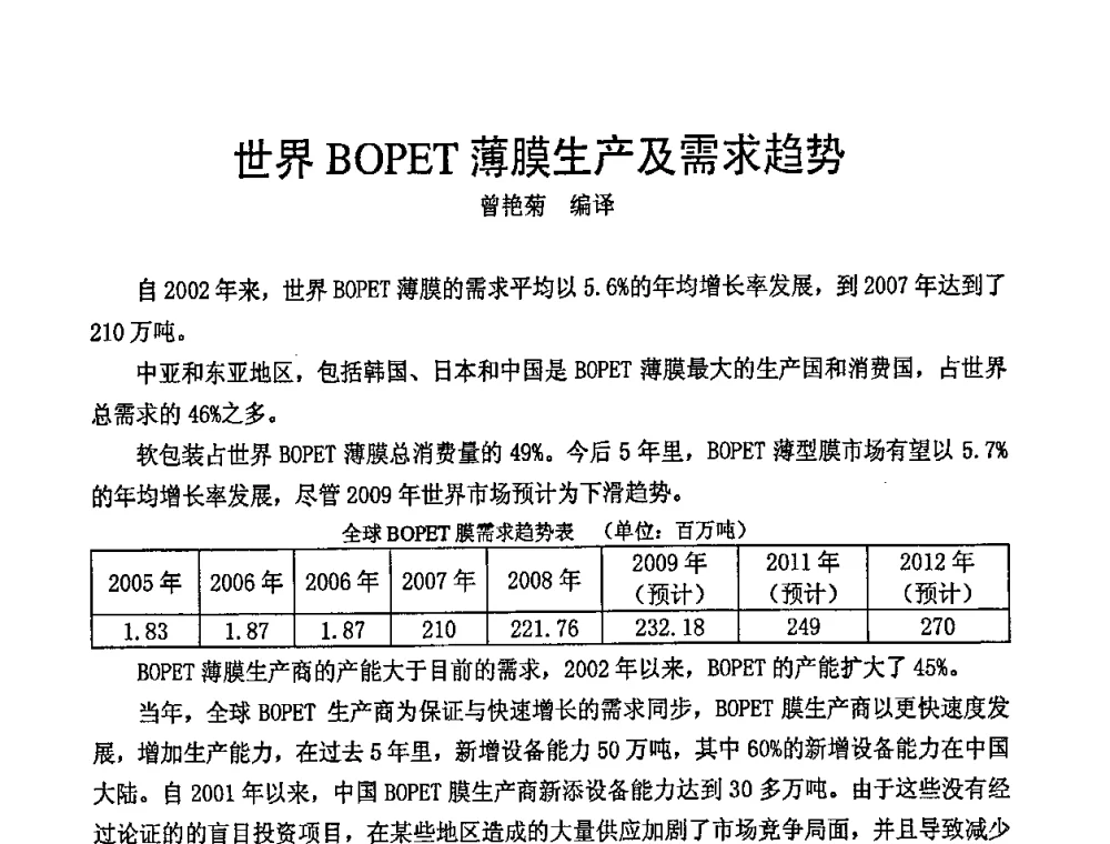 世界BOPET薄膜生产及需求趋势 - 中国包装联合会塑料包装委员会七届四次年会暨全国塑料包装行业发展论坛