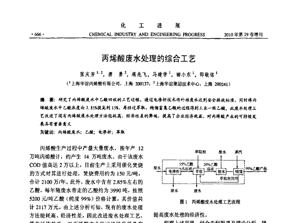 丙烯酸废水处理的综合工艺 - 中国化工学会2010年年会暨第二届石油补充与替代能源开发利用技术论坛