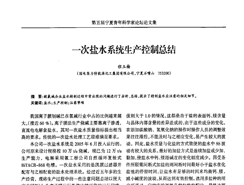 一次盐水系统生产控制总结 - 宁夏第五届青年科学家论坛