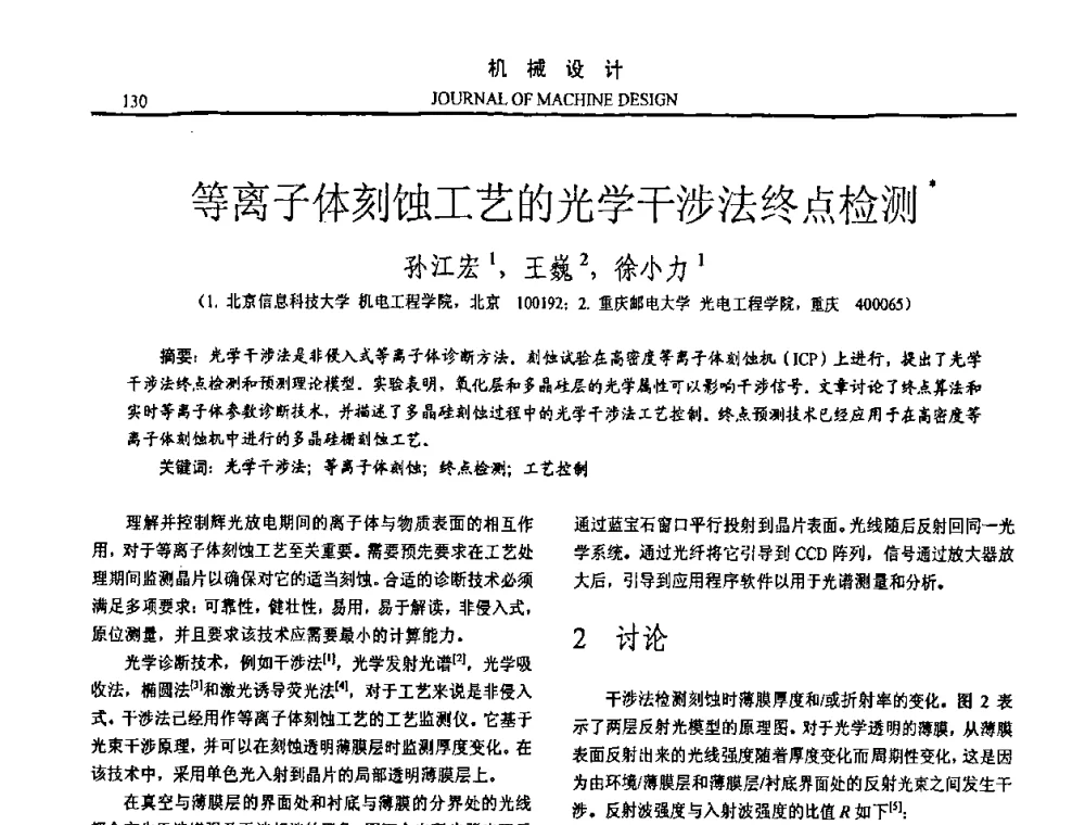 等离子体刻蚀工艺的光学干涉法终点检测 - 第15届全国机械设计年会