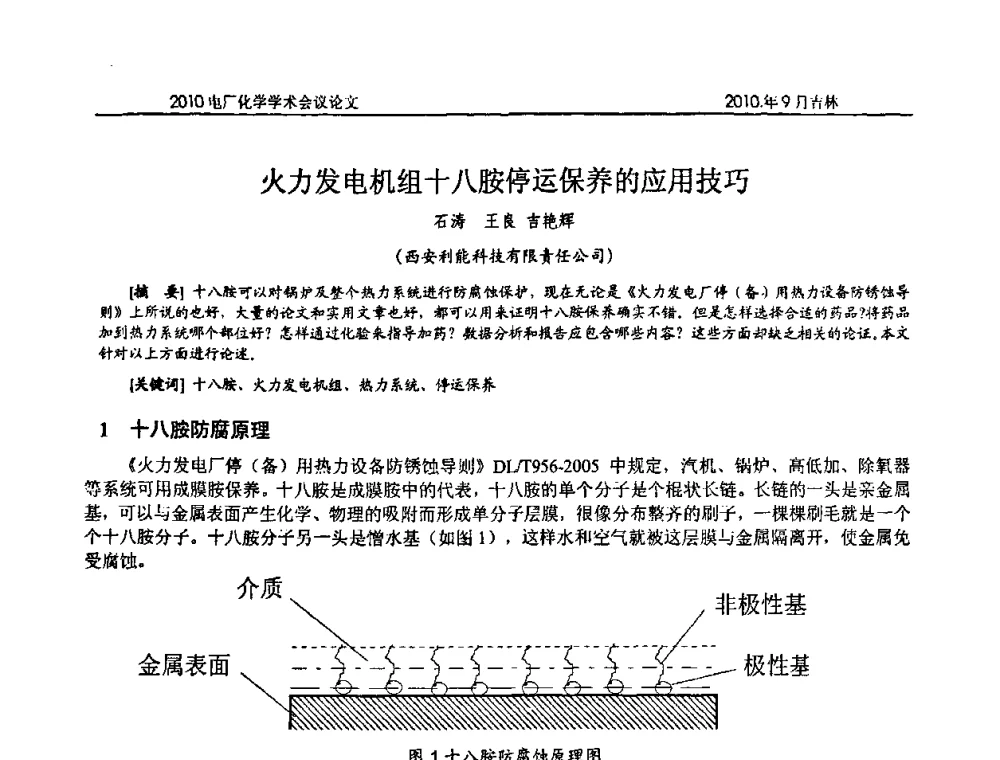 火力发电机组十八胺停运保养的应用技巧 - 中国电机工程学会电厂化学2010学术年会