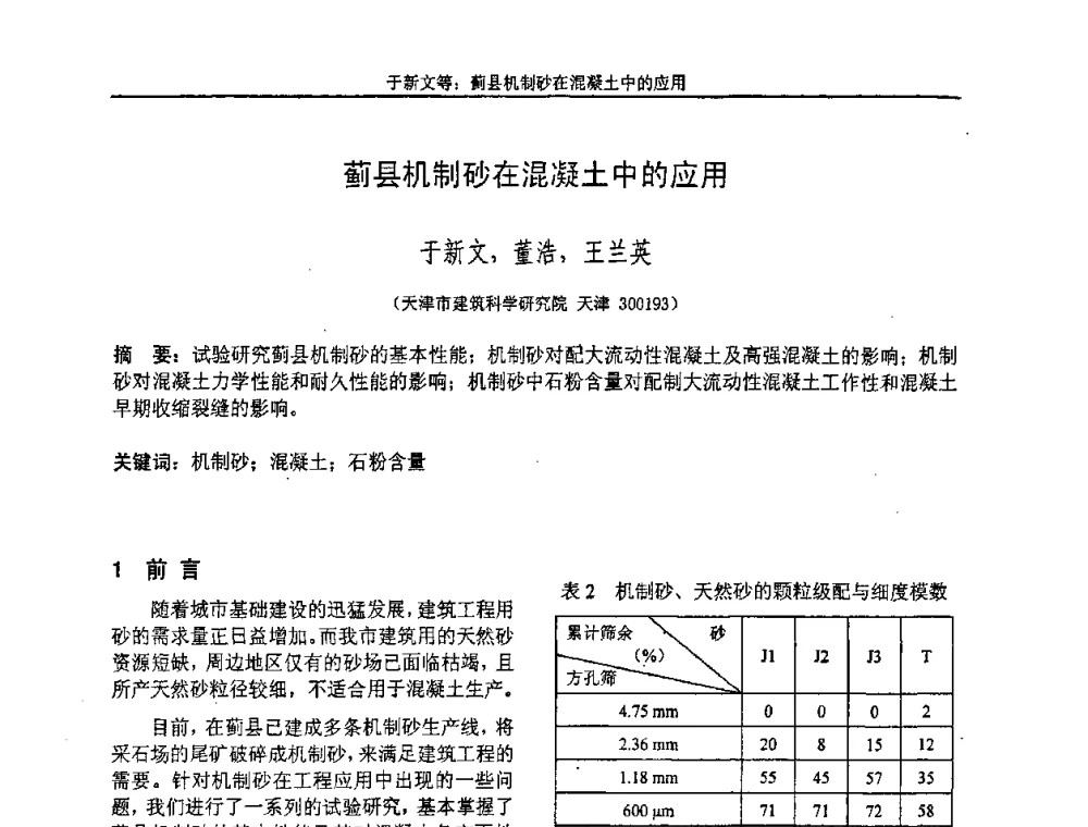 蓟县机制砂在混凝土中的应用 - “全国特种混凝土技术及工程应用”学术交流会暨2008年混凝土质量专业委员会年会