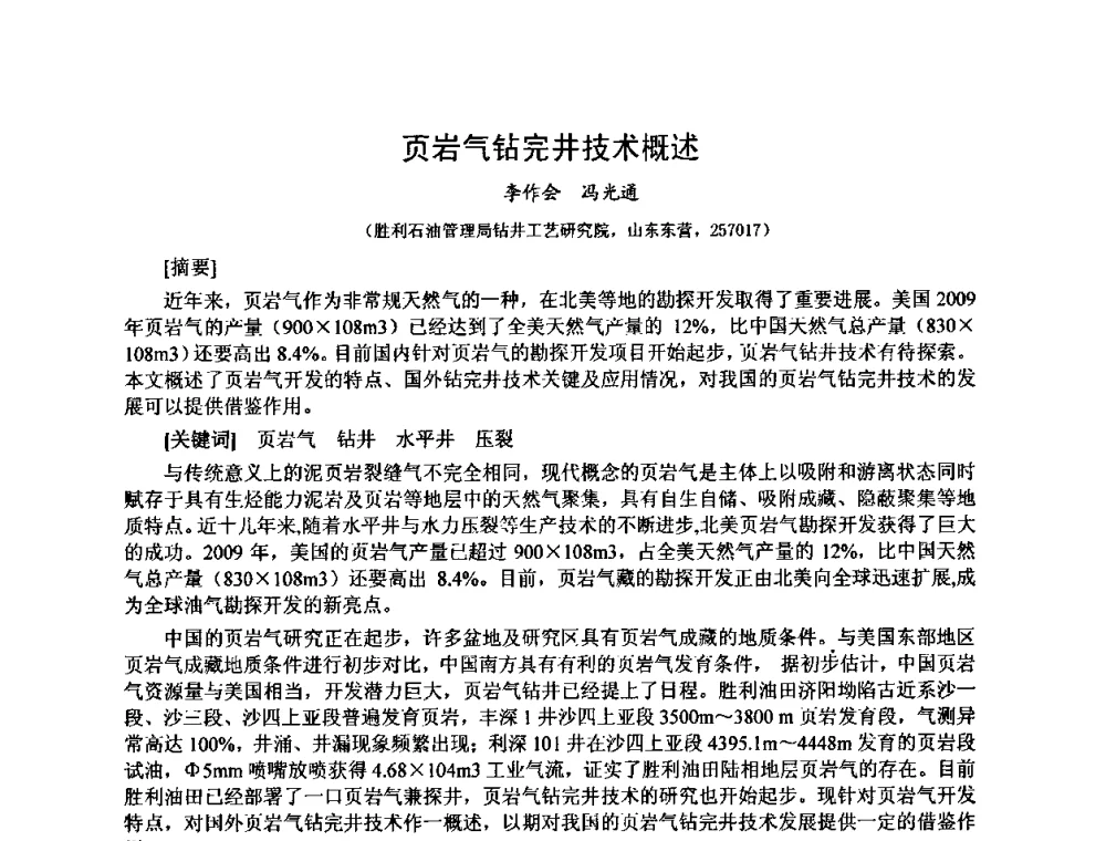 页岩气钻完井技术概述 - 第十届石油钻井院所长会议