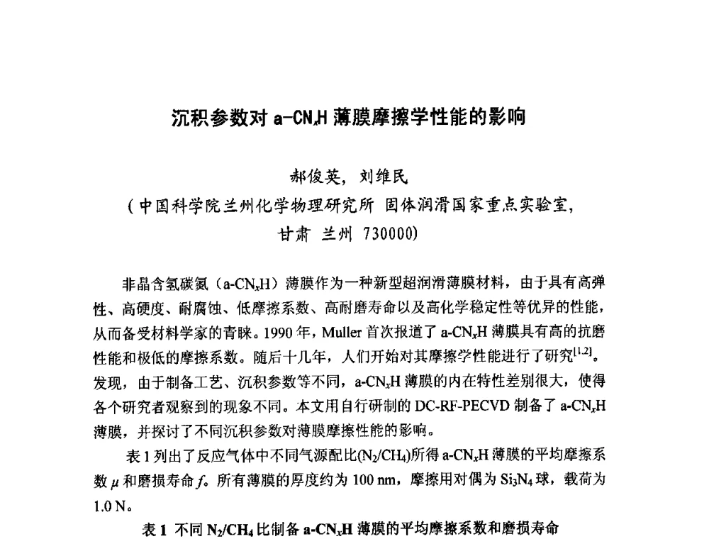 沉积参数对a-CNzH薄膜摩擦学性能的影响 - 2008年中国机械工程学会年会摩擦学专题会议