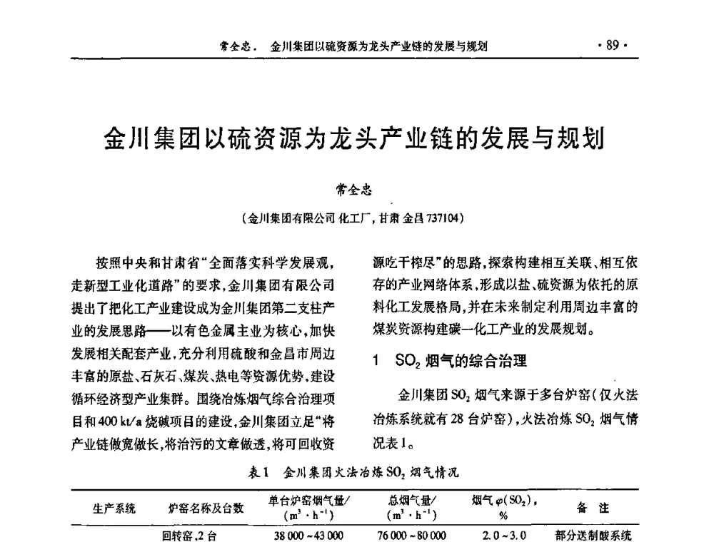 金川集团以硫资源为龙头产业链的发展与规划 - 第30届全国硫酸工业技术交流会