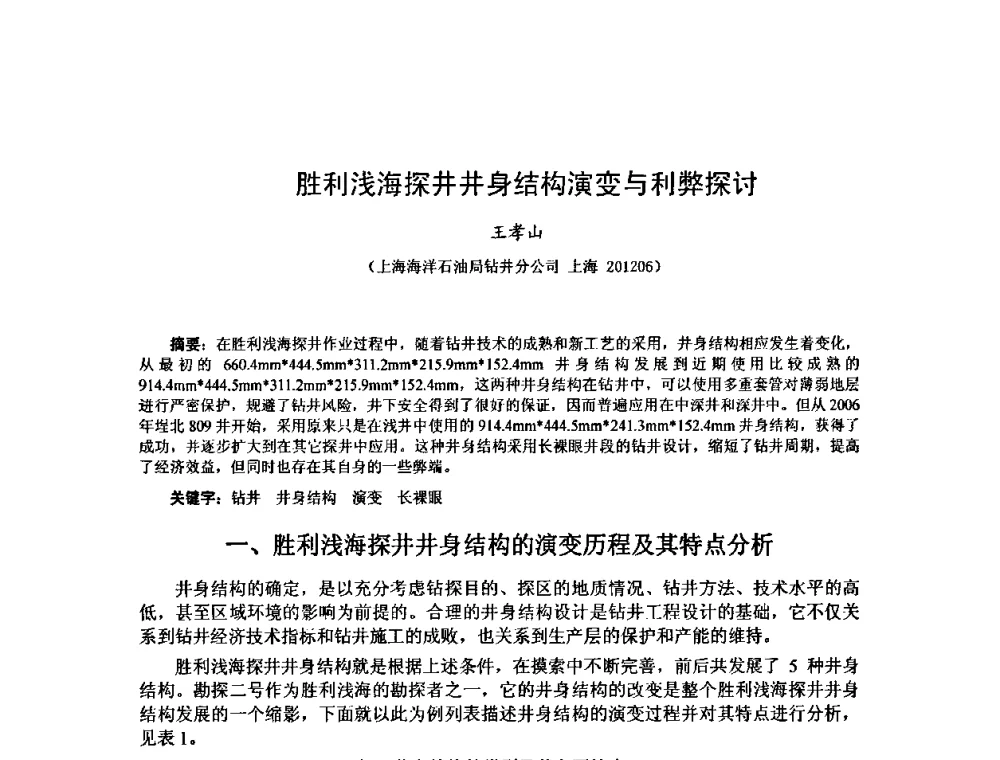 胜利浅海探井井身结构演变与利弊探讨 - 第十届石油钻井院所长会议