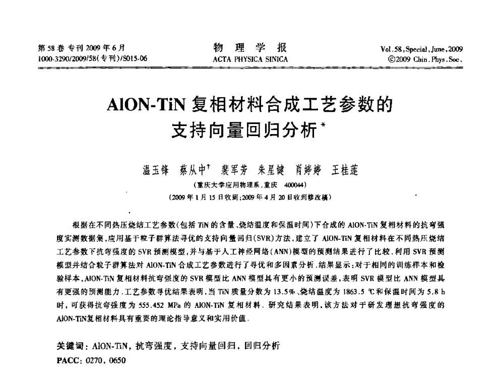 AlON-TiN复相材料合成工艺参数的支持向量回归分析 - 2008中国材料研讨会—计算材料分册