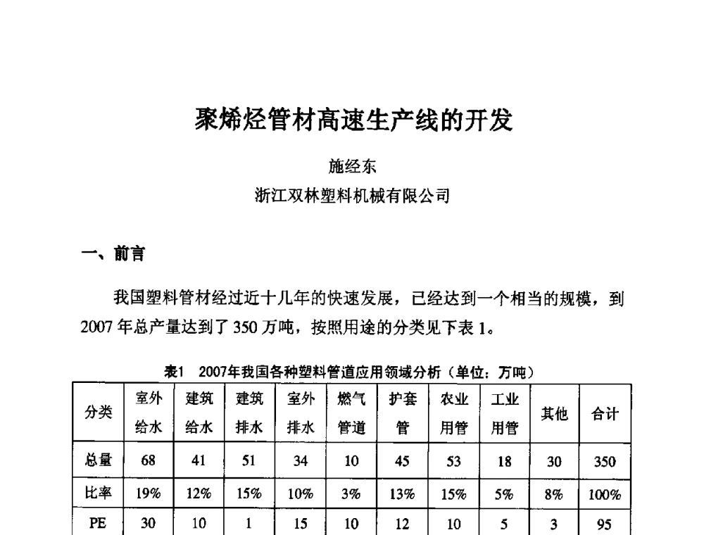 聚烯烃管材高速生产线的开发 - 第11届全国塑料管道生产和应用技术推广交流会