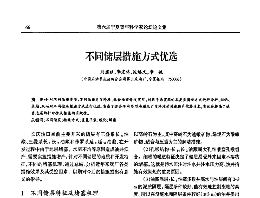不同储层措施方式优选 - 第六届宁夏青年科学家论坛