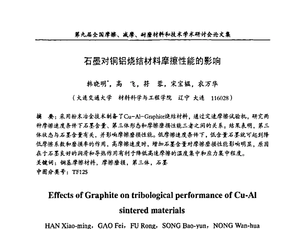 石墨对铜铝烧结材料摩擦性能的影响 - 第九届全国摩擦、减摩、耐磨材料和技术学术研讨会