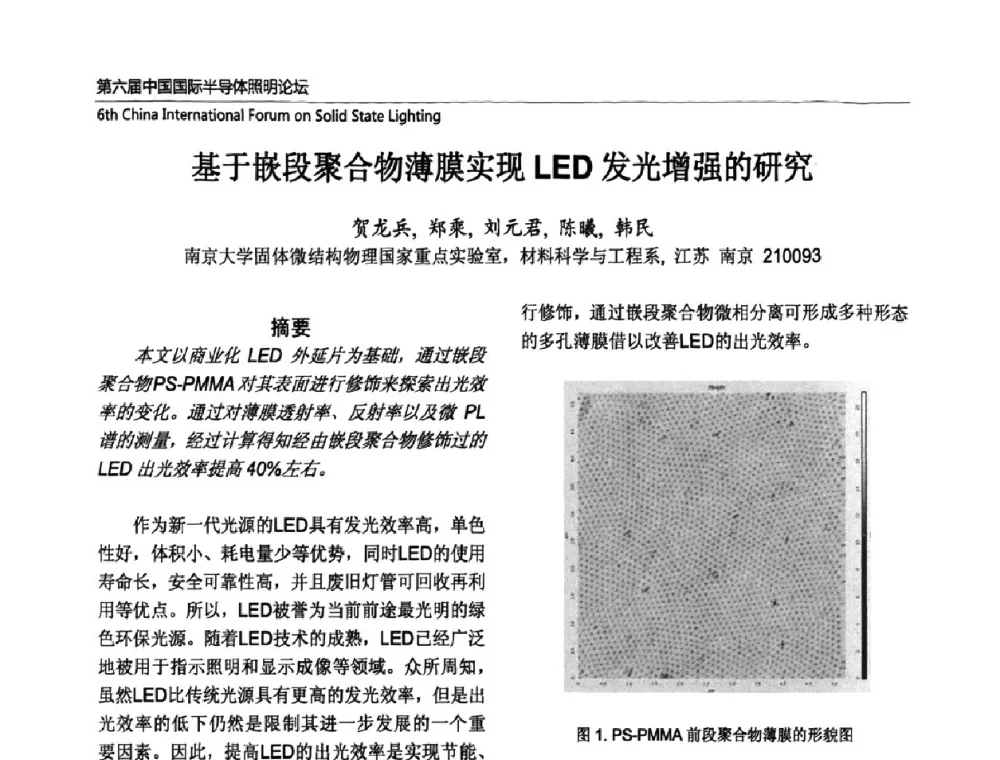 基于嵌段聚合物薄膜实现LED发光增强的研究 - 第六届中国国际半导体照明论坛(CHINASSL 2009)