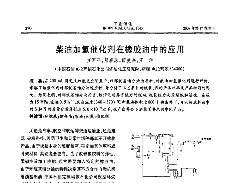 柴油加氢催化剂在橡胶油中的应用 - 第六届全国工业催化技术及应用年会