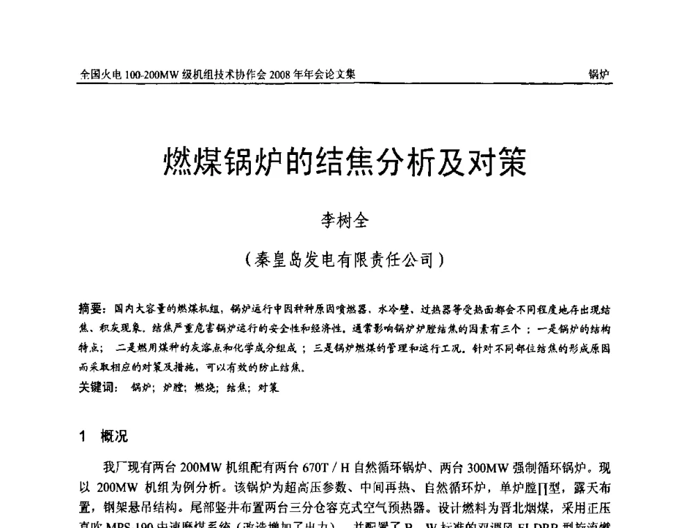 燃煤锅炉的结焦分析及对策 - 全国火电100-200MW级机组技术协作会2008年年会