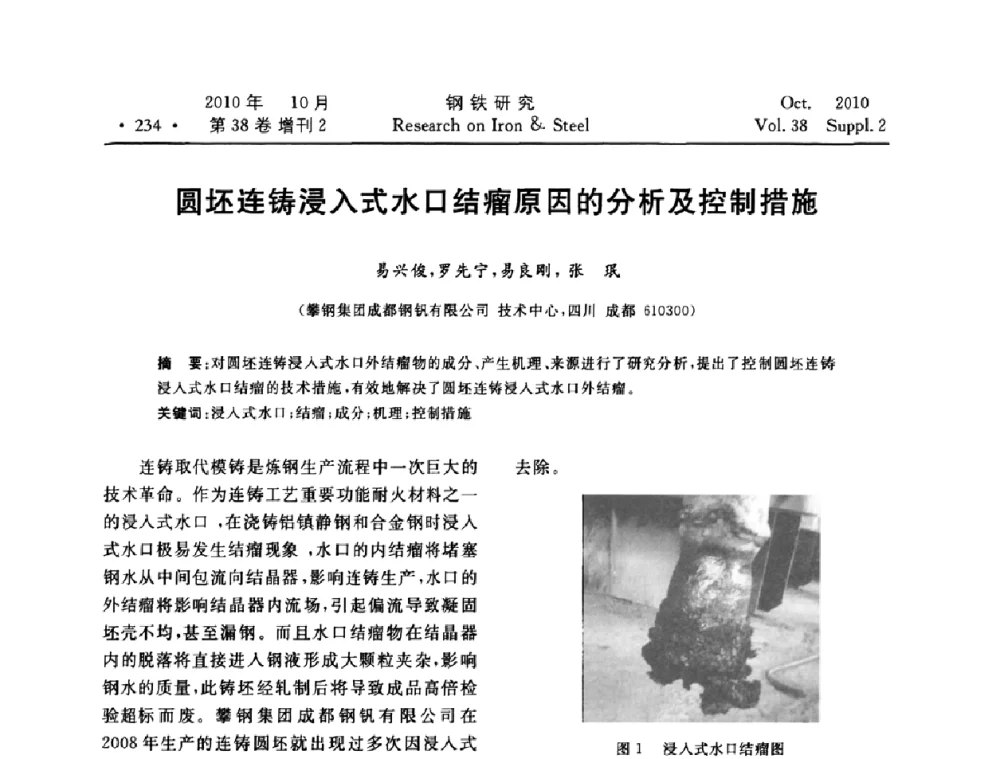 圆坯连铸浸入式水口结瘤原因的分析及控制措施 - 2010年中南·泛珠三角炼钢连铸学术交流会