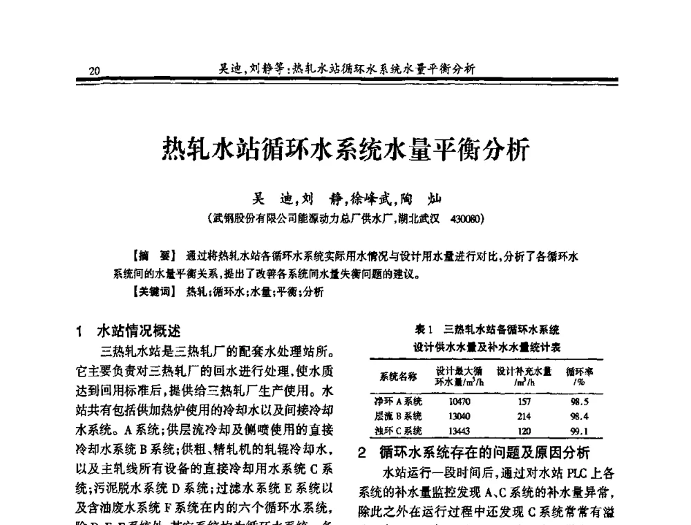 热轧水站循环水系统水量平衡分析 - 2010年全国钢铁企业供排水专业年会