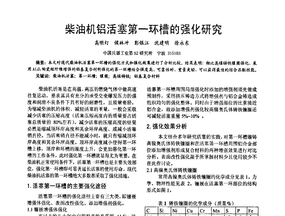 柴油机铝活塞第一环槽的强化研究 - 第十六届全国大功率柴油机学术年会
