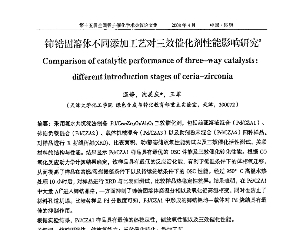 铈锆固溶体不同添加工艺对三效催化剂性能影响研究 - 第十五届全国稀土催化学术会议