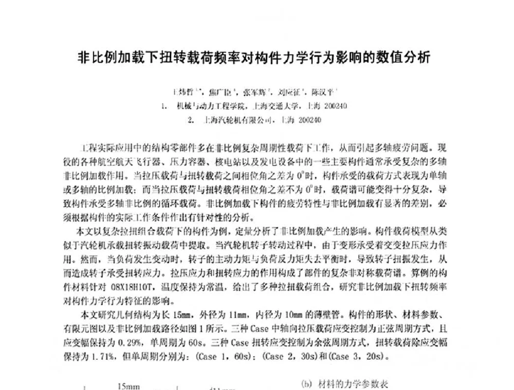 非比例加载下扭转载荷频率对构件力学行为影响的数值分析 - 第十五届全国疲劳与断裂学术会议
