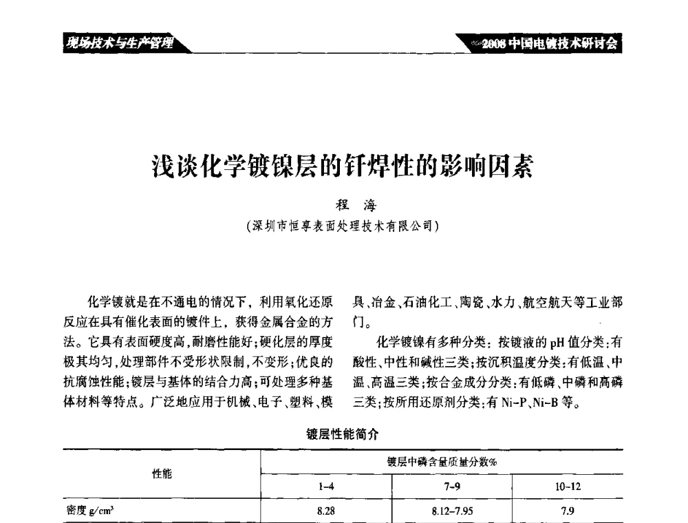 浅谈化学镀镍层的钎焊性的影响因素 - 2008中国电镀技术研讨会