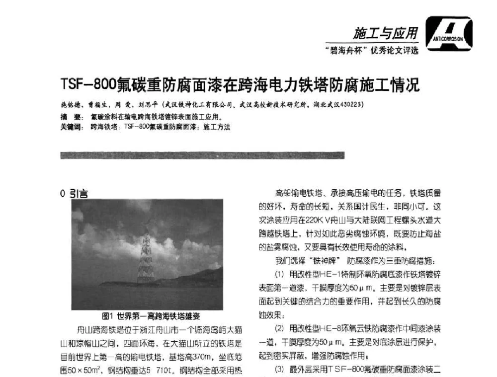 TSF-800氟碳重防腐面漆在跨海电力铁塔防腐施工情况 - 2010防腐蚀涂料年会暨第27次全国涂料工业信息中心年会